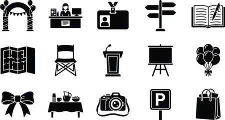 black and white icons for event planning and organization