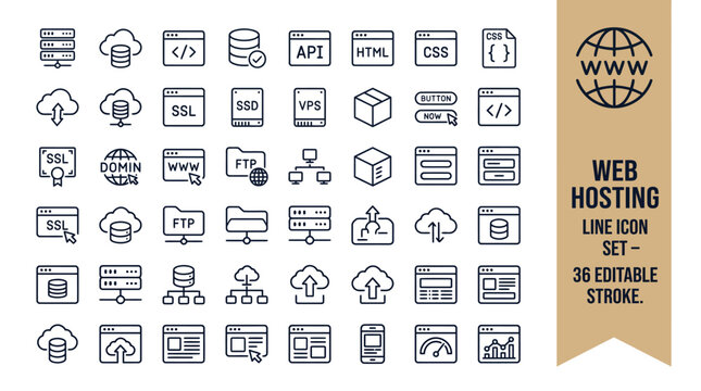 36 Editable Line Web Hosting Icons Set for Servers, Cloud Storage, SSL, FTP, Coding, Data Transfer, Internet Technology, Vector Design