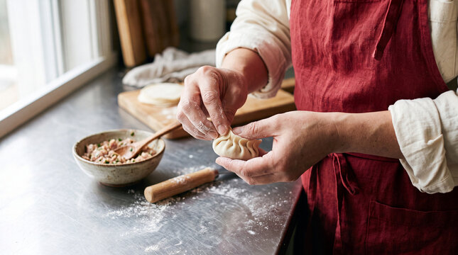 Skilled hands pleat a premium dumpling at the forming counter