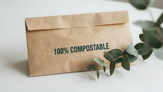 A brown paper envelope labeled as one hundred percent compostable with foliage