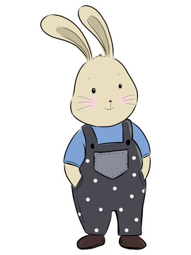 Easter Bunny Rabbit Cartoon Character Wearing Polka Dot Overalls, Cute Animal Vector Illustration Isolated On White Background, Spring Holiday Design For Children, Nursery, Card And Decoration
