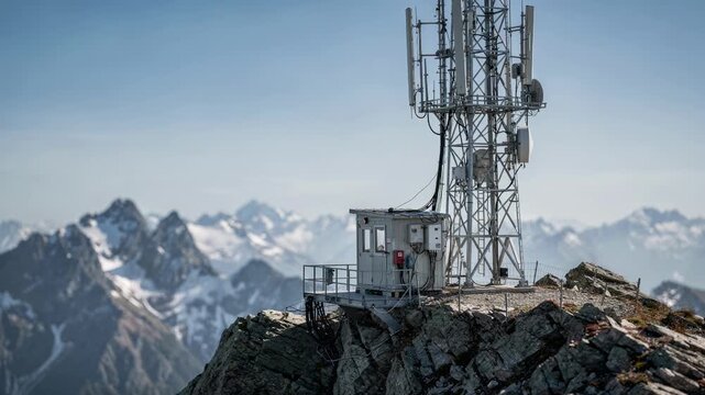 Medium shot showcasing a remote relay tower atop a mountain ridge clear focus on antenna array and shelter distant peaks softly out of focus.
