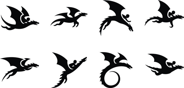 Collection of eight black silhouette fantasy dragon illustrations with riders in dynamic flight poses