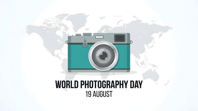 Creative vector illustration celebrating world photography day with a vintage camera icon and a global map background for social media posts