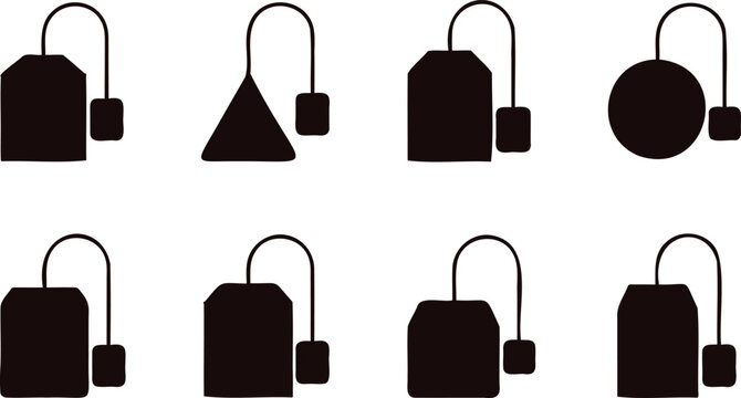 Collection of eight different black silhouette tea bag icons with strings and tags isolated on a white background