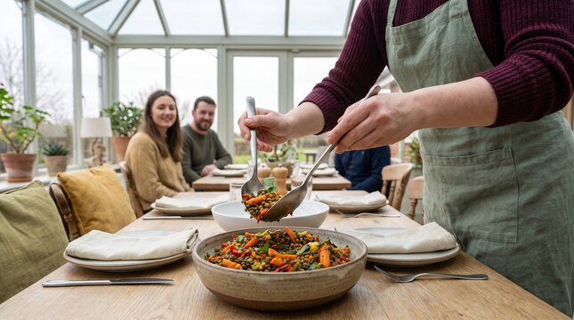 Staff refreshes a communal buffet in a conservatory