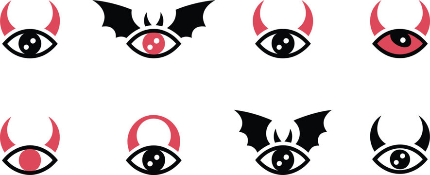 Collection of graphic icons representing eyes with devil horns and bat wings isolated on transparent background