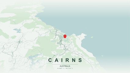 Modern minimalist vector map of Cairns, Queensland. High-quality scalable illustration of Cairns geographic boundaries along Trinity Inlet, Marlin Marina, and Coral Sea coastlines for posters design. © AliRza