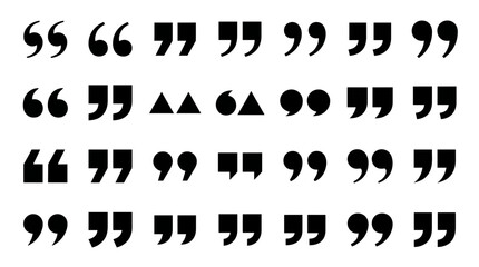 Fototapeta premium Collection of various black quotation mark icons in different styles and shapes isolated on white background, perfect for editorial layout design, social media quote posts and website elements