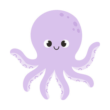 Kawaii octopus cartoon with smiling face, waving tentacles. Friendly marine animal isolated on white background. Perfect for children, education, ocean, aquarium, mascot and nursery projects