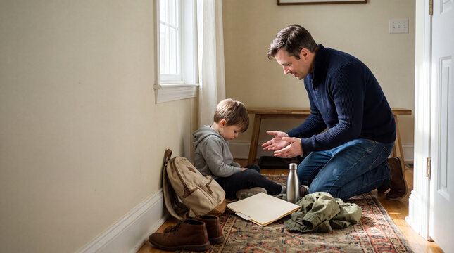 Parent Comforting Overwhelmed Child in Lived In Home Entryway