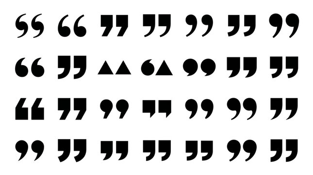 Collection of various black quotation mark icons in different styles and shapes isolated on white background, perfect for editorial layout design, social media quote posts and website elements