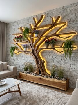 Chic wooden tree shelf decorated with plants and ambient lighting for a cozy accent wall