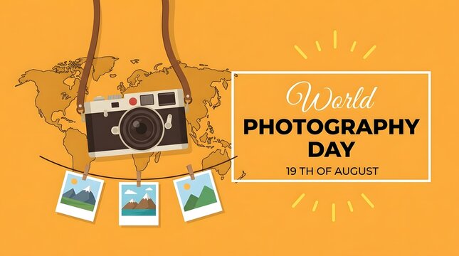 Creative illustration celebrating world photography day with a vintage camera hanging photos and a world map background on orange backdrop