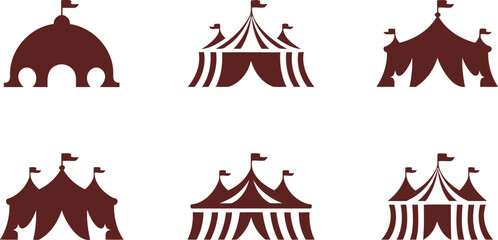 Collection of six stylized circus tent icons in dark red on a white background © Shafiq