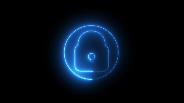 Safety, security, privacy, password icon. bright neon cyan color animation lock icon protection safety security privacy password closed animation sign symbol on black background 4k video animation.