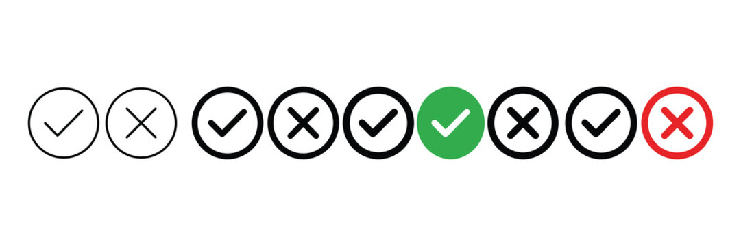 Check mark and cross icon set with checkmark crossmark symbol vector illustration for decision verification