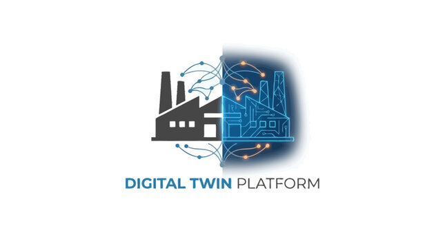 Digital twin platform logo showing factory and network