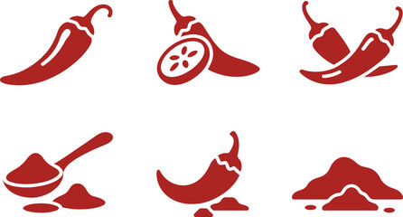 Obraz premium Collection of stylized red chili pepper icons representing whole sliced crossed and powdered forms