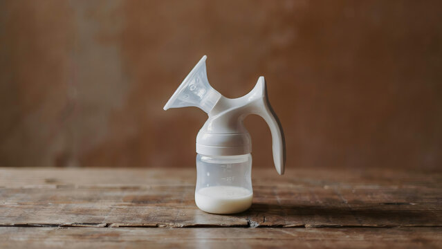 Manual breast pump with collected milk on a rustic wooden table surface