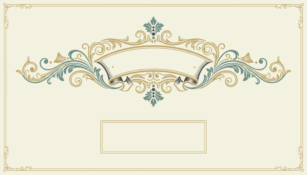 Classical victorian style page divider border with elegant floral flourishes and a central blank ribbon.
