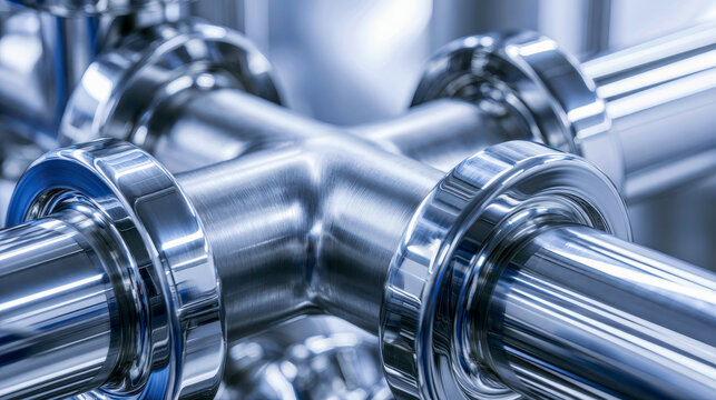Polished stainless steel sanitary pipe cross fitting with flanged connections and bright reflections in cool clinical pharmaceutical piping
