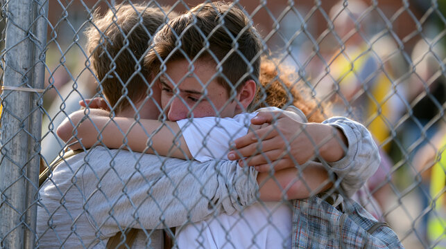 Relatives embracing through a temporary fence at a reopened crossing point, photorealistic divided families concept, emotional but restrained, blurred background with copy space