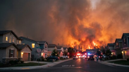 Obraz premium Forest wildfire approaching residential neighborhood. Dangerous bushfire threatening suburban homes.