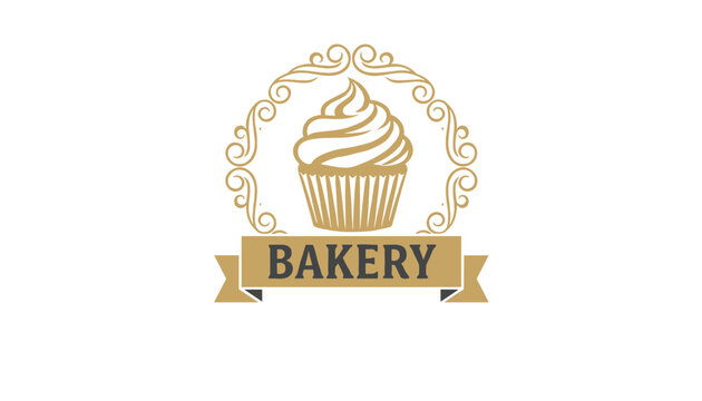 Gold bakery logo featuring a delicious frosted cupcake inside a circular ornate frame and a classic banner ribbon.