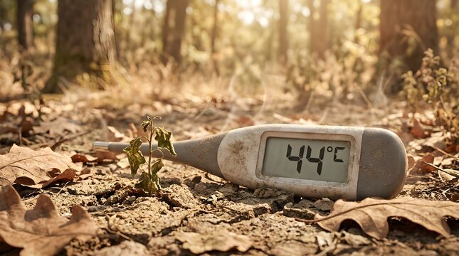 Digital Thermometer Showing High Temperature on Dry Forest Ground Environment