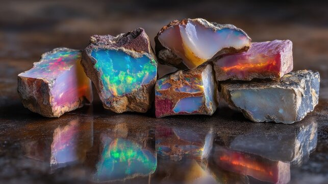 A collection of raw, uncut opal specimens rests on a dark, weathered wooden surface.