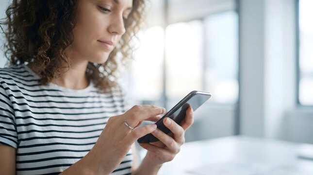 Woman interacting with smartphone in a bright modern professional office space