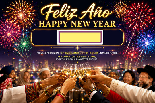 Feliz A&ntilde;o editable Happy New Year personalizable para cualquier a&ntilde;o refillable culturas y religiones juntos brindando con copa, fiesta fin de a&ntilde;o fuegos artificiales de fondo end of the year party