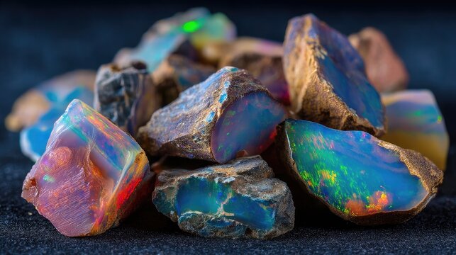 A collection of rough, uncut opal gemstones rests on a dark, textured surface.