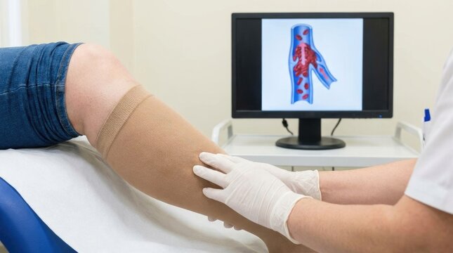 Venous occlusion assist: thrombus manage, leg compression, blood vessel, medical therapy, patient aid, health clinic, diagram show, doctor glove, circulate support, prevent condition.