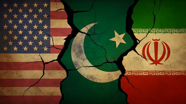 United states pakistan and iran geopolitical conflict concept illustration