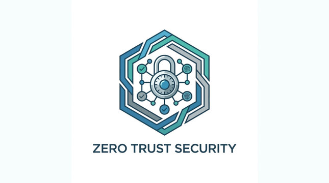 Hexagonal zero trust security logo with central padlock icon.