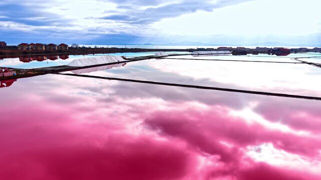 Pink salt pans reflecting clouds, Bulgaria. A white salt mound sits beside the dike near a village and distant sea.