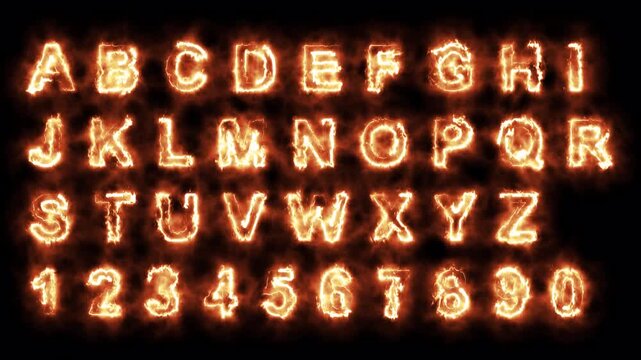 Alphabet text animation from a to z on transparent background, neon glowing alphabet fire sign animated text from A to Z with alpha channel in 4k