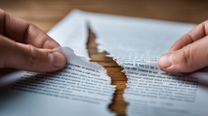 Obraz premium Two hands are tearing a page from a book.