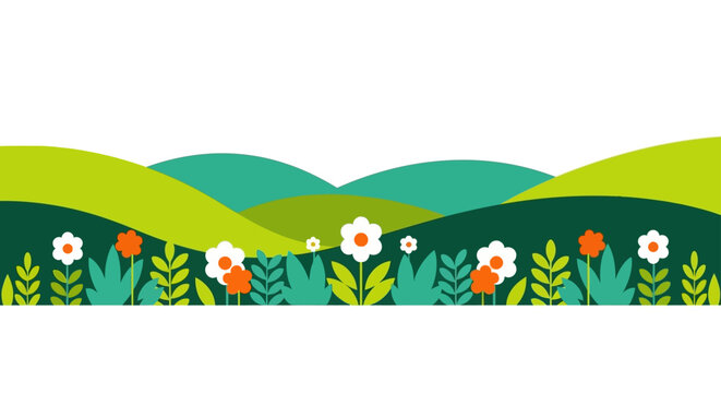 minimalist flat vector illustration of a serene spring landscape with rolling green hills and colorful flowers perfect for nature-themed designs.