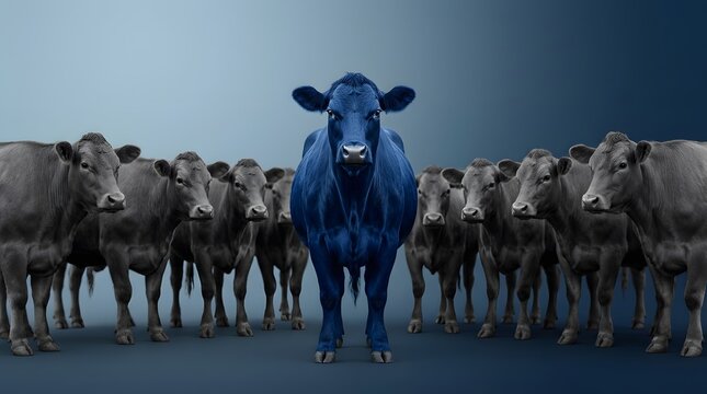 Blue cow, herd and unique cattle for leadership, standing out from the crowd and individual business strategy. Cattle, animal and group with competition, being different and diverse vision at work