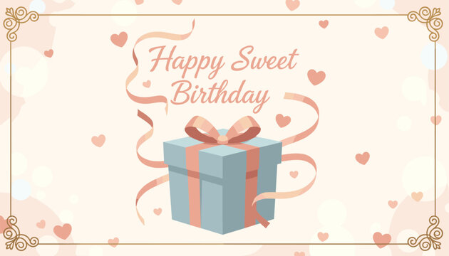 Elegant happy sweet birthday greeting card featuring a blue gift box, floating hearts, and gold ornate corners.