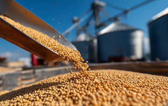 Golden Soybeans Pouring From Metal Chute Into Pile With Industrial Grain Silos Under Bright Blue Sky