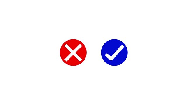 Animated pop up green check mark and red cross X symbol on a transparent background. Video footage of yes or no, true or false with alpha channel 4k video animation.