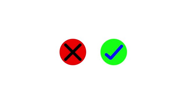 Animated pop up green check mark and red cross X symbol on a transparent background. Video footage of yes or no, true or false with alpha channel 4k video animation.