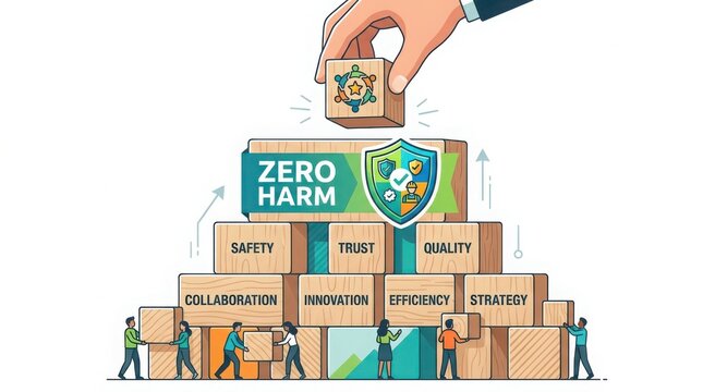 Team building blocks stacked with zero harm safety concept