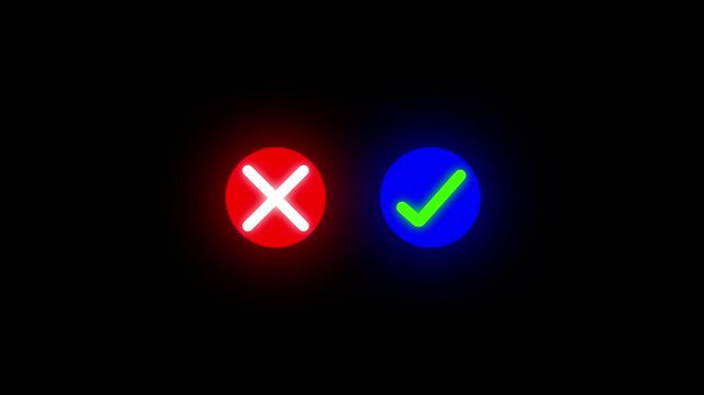 Animated pop up green check mark and red cross X symbol on a transparent background. Video footage of yes or no, true or false with alpha channel 4k video animation.