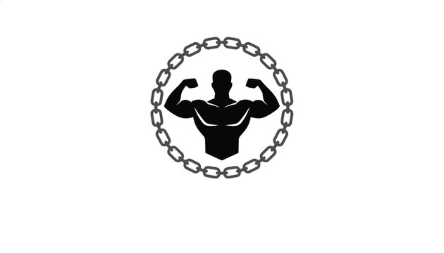 Powerful black silhouette of a flexing bodybuilder enclosed inside a circular iron chain representing strength and fitness.
