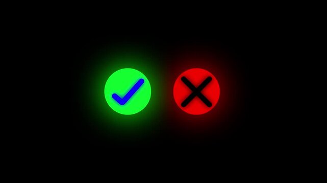 Animated pop up green check mark and red cross X symbol on a transparent background. Video footage of yes or no, true or false with alpha channel 4k video animation.